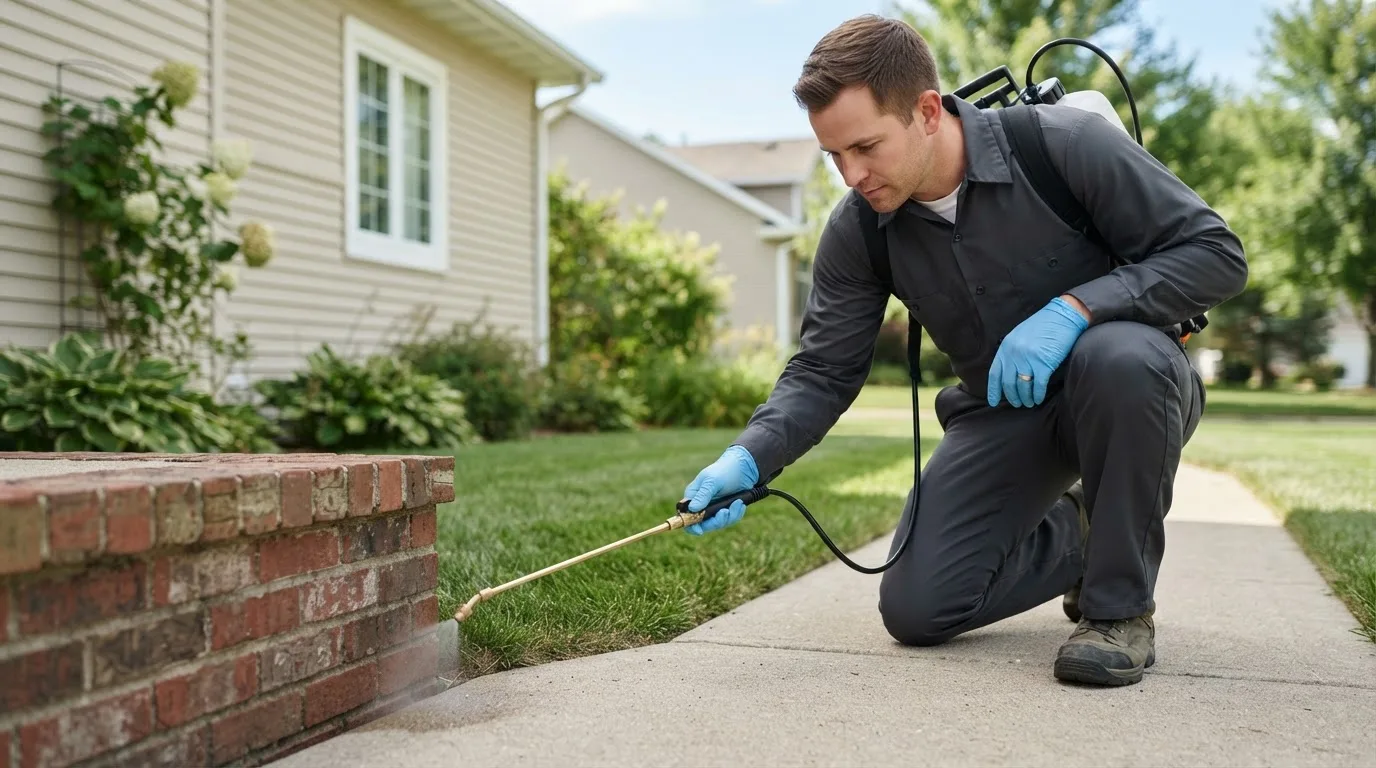 Pest control technician treating a home near Union City, TN